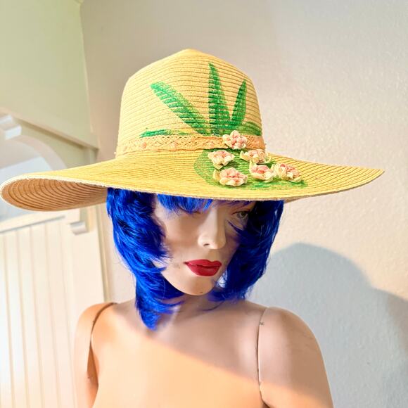 Super Fun Aloha Wide Brimmed Pineaple and Flower Sun Hat Size 8 - Picture 1 of 9